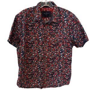 Across the Pond Men's Navy Floral Short Sleeved Casual Button Front Shirt Size L